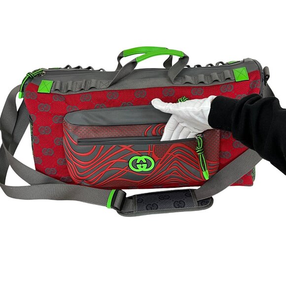 Gucci Men's Duffle Bag GG Jacquard Nylon & Rubber Large Color Gray-Green-Red - Picture 3 of 16